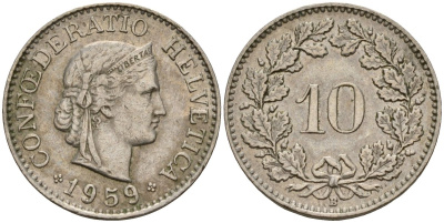Швейцария 10 раппенов 1959 B KM 27 медно-никель 4189-354