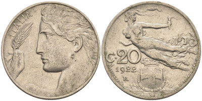 Италия 20 чентезимо 1922 R, Виктор Эммануил (1900-1946) KM 44 никель 4116-1255