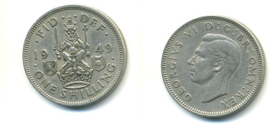 Великобритания 1 шиллинг 1949 Георг VI (1936-1952), Шотландский герб KM 877, Spink 4109 медно-никель 23-924