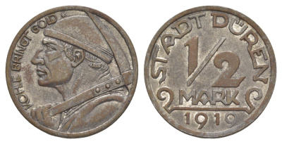 Дюрен 1/2 марки 1919 шахтер Funck 105.12, Men05 580715, Men18 7249.15 железо 1518-111