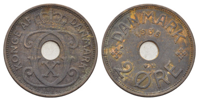 Дания 2 эре 1935 N, Кристиан X (1912-1947) KM 827 бронза 4701-818