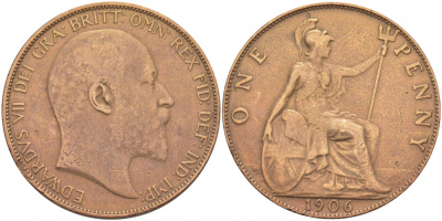 Великобритания 1 пенни 1906 Эдуард VII (1901-1910) KM 794.2, Spink 3990 бронза 51-4226