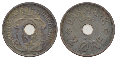 Дания 2 эре 1929 N, Кристиан X (1912-1947) KM 827 бронза 4701-756
