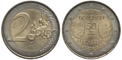 Франция 2 евро 2013 50 лет подписания "Елисейского договора" KM 2094 биметалл UNC 110-1045