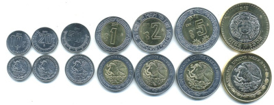 Мексика лот из 7 монет 2010-2011 10, 20, 50 сентаво, 1, 2, 5, 10 песо, 4 монеты биметалл UNC N2-11