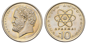 Греция 10 драхм 1976 Демокрит KM 119 медно-никель UNC 4695-644