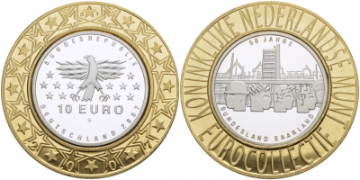 ФРГ 10 евро 2007 G, 50 лет вхождения Саара в ФРГ KM 263, DE.S. 10.29 серебро PROOF 1068-8-33
