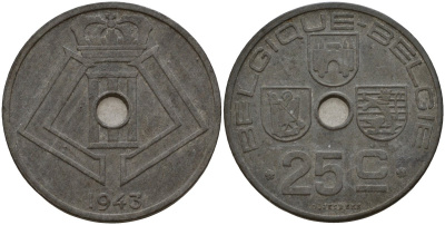 Бельгия 25 сантимов 1943 Belgique - Belgie, Леопольд III (1934-1947), германская оккупация, Вторая мировая война KM 131 цинк 4157-513