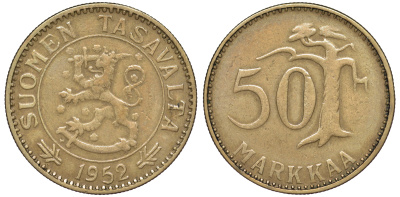 ФИНЛЯНДИЯ 50 МАРОК 1952 H KM 40 алюминиевая бронза 3334-752