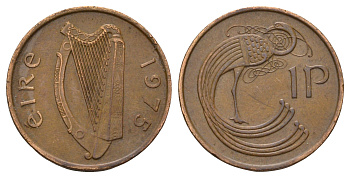 Ирландия 1 пенни 1975 мифологическая птица лира KM 20 бронза 4682-531