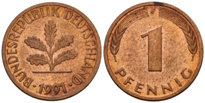 ФРГ 1 пфенниг 1991 F KM 105, J.380 сталь плакированная медью 4602-812