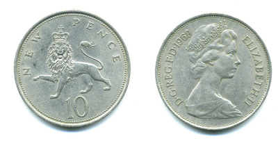 Великобритания 10 пенсов 1969 Елизавета II (1952-2022) KM 912, Spink 4231 (F1) медно-никель 4383-927