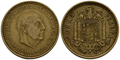 Испания 1 песета 1966 Франсиско Франко (1939-1975) KM 796 алюминиевая бронза 4176-317