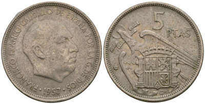 Испания 5 песет 1957 (71) Франсиско Франко (1939-1975) KM 786 медно-никель 186-722