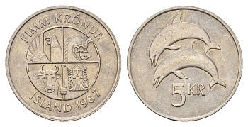 Исландия 5 крон 1987 дельфины KM 28 медно-никель 4589-422