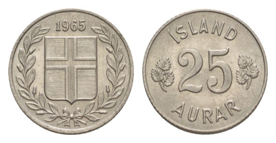 Исландия 25 эйре 1965 KM 11 медно-никель UNC 4632-949