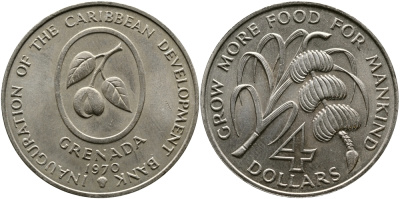 Гренада 4 доллара 1970 FAO, открытие Карибского Банка Развития KM 15 медно-никель UNC 00-000-00