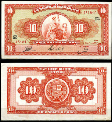 Перу 10 солей 1967 сидящая свобода, Thomas de la Rue Pick 84 a  бумага  аUNC 444-117-3-2