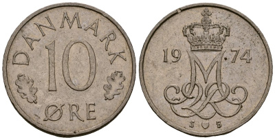 Дания 10 эре 1974 Маргрете II (1973 - 1988) KM 860 медно-никель 4173-725