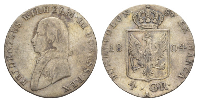Пруссия 4 гроша 1804 A, Фридрих Вильгельм III (1797-1840) KM 370 серебро 1523-721