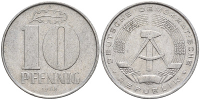 ГДР 10 пфеннигов 1968 A KM 10 алюминий 4143-735