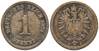 ГЕРМАНИЯ 1 ПФЕННИГ 1874 D, СТАРОГЕРБОВКА KM 1, J. 1 медь 100-857