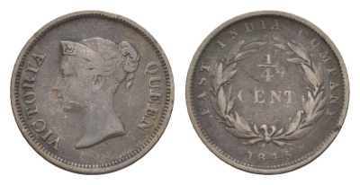 Стрейтс-Сетлментс (Стрейтс Сетлментс) 1/4 цента 1845 Виктория (1837-1901), год-тип KM 1 медь 1521-642
