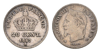 Франция 20 сантимов 1867 A, Наполеон III (1852-1870) KM 808.1 серебро 4169-737