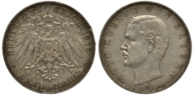 Бавария 3 марки 1910 Отто (1886-1913) Weege 45, J. 47, KM 515 серебро 3711-2011
