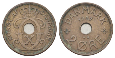 Дания 2 эре 1937 N, Кристиан X (1912-1947) KM 827 бронза 4701-845