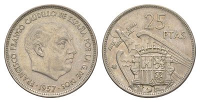Испания 25 песет 1957 (75) Франсиско Франко (1939-1975) KM 787 медно-никель 4616-335