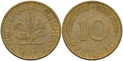 ФРГ 10 пфеннигов 1978 G J. 383, KM 108 сталь плакированная латунью    4603-443