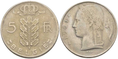 БЕЛЬГИЯ 5 ФРАНКОВ 1961 BELGIE, БОДУЭН I (1951-1993) KM 135.1 медно-никель 119-754