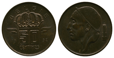 БЕЛЬГИЯ 50 САНТИМОВ 1952 BELGIE KM 145 бронза 4384-727