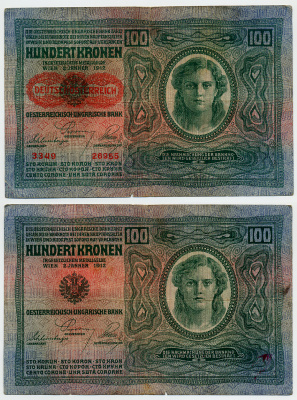 Австрия 100 крон 1912 (1919) красная надпечатка на Pick 12, на аверсе Pick 56 a бумага 6294-29-1
