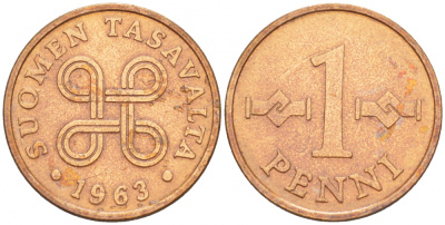 Финляндия 1 пенни 1963 первый год KM 44 медь 4547-1021