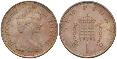 Великобритания 1 пенни 1981 Елизавета II (1952-2022) KM 915, Spink 4237 (B1) бронза 4594-119