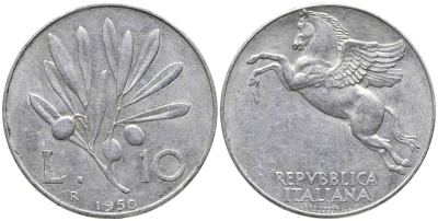 ИТАЛИЯ 10 ЛИР 1950 R, ПЕГАС KM 90 алюминий 32-943