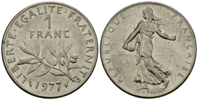 Франция 1 франк 1977 сеятель KM 925.1, Le Franc 226.4 никель 4138-921