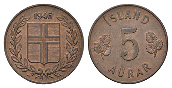 Исландия 5 эйре 1946 KM 9 бронза 4691-322