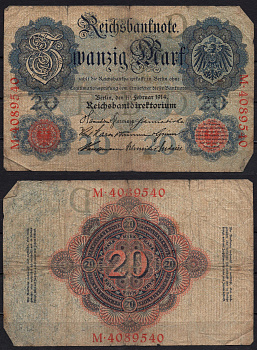 Германия 20 марок 1914 Pick 46b бумага 8592-40-1-2