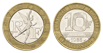 Франция 10 франков 1988 тип Гений Бастилии KM 964.1, Le Frank 375.2 биметалл 4704-455