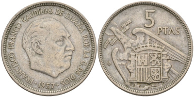 Испания 5 песет 1957 (59) Франсиско Франко (1939 - 1975) KM 786 медно-никель 4155-526