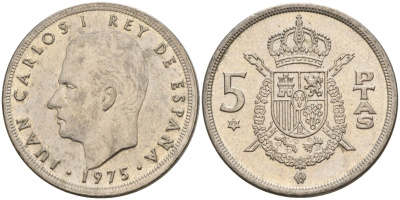 Испания 5 песет 1975 (79) Хуан Карлос I (1975-2014) KM 807 медно-никель 4155-655