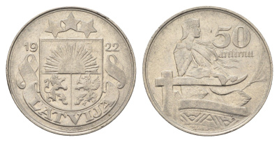Латвия 50 сантимов 1922 год-тип KM 6 никель 4646-323