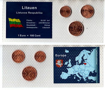 Литва набор из 3 монет (1, 2 и 5 евроцентов) 2015 в красочной упаковке с информацией о стране KM 205, 206 и 207 сталь плакированная медью UNC 5-4-1-112