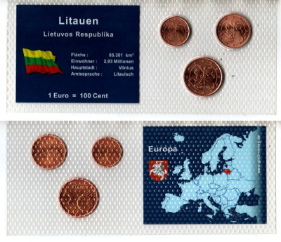 Литва набор из 3 монет (1, 2 и 5 евроцентов) 2015 в красочной упаковке с информацией о стране KM 205, 206 и 207 сталь плакированная медью UNC 5-4-1-112
