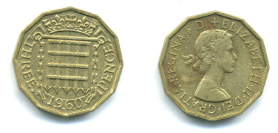 Великобритания 3 пенса 1960 Елизавета II (1952-2022) KM 900, Spink 4153 никель латунь 4383-317