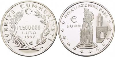 Турция 1500000 лир 1997 Санта-Клаус из Миры (Николай Чудотворец) KM 1100 серебро PROOF 1068-4-14