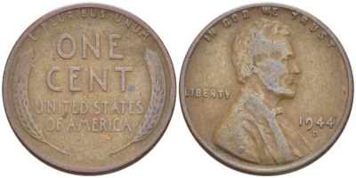 США 1 ЦЕНТ 1944 D, ЛИНКОЛЬН KM А132 медь цинк 218-144